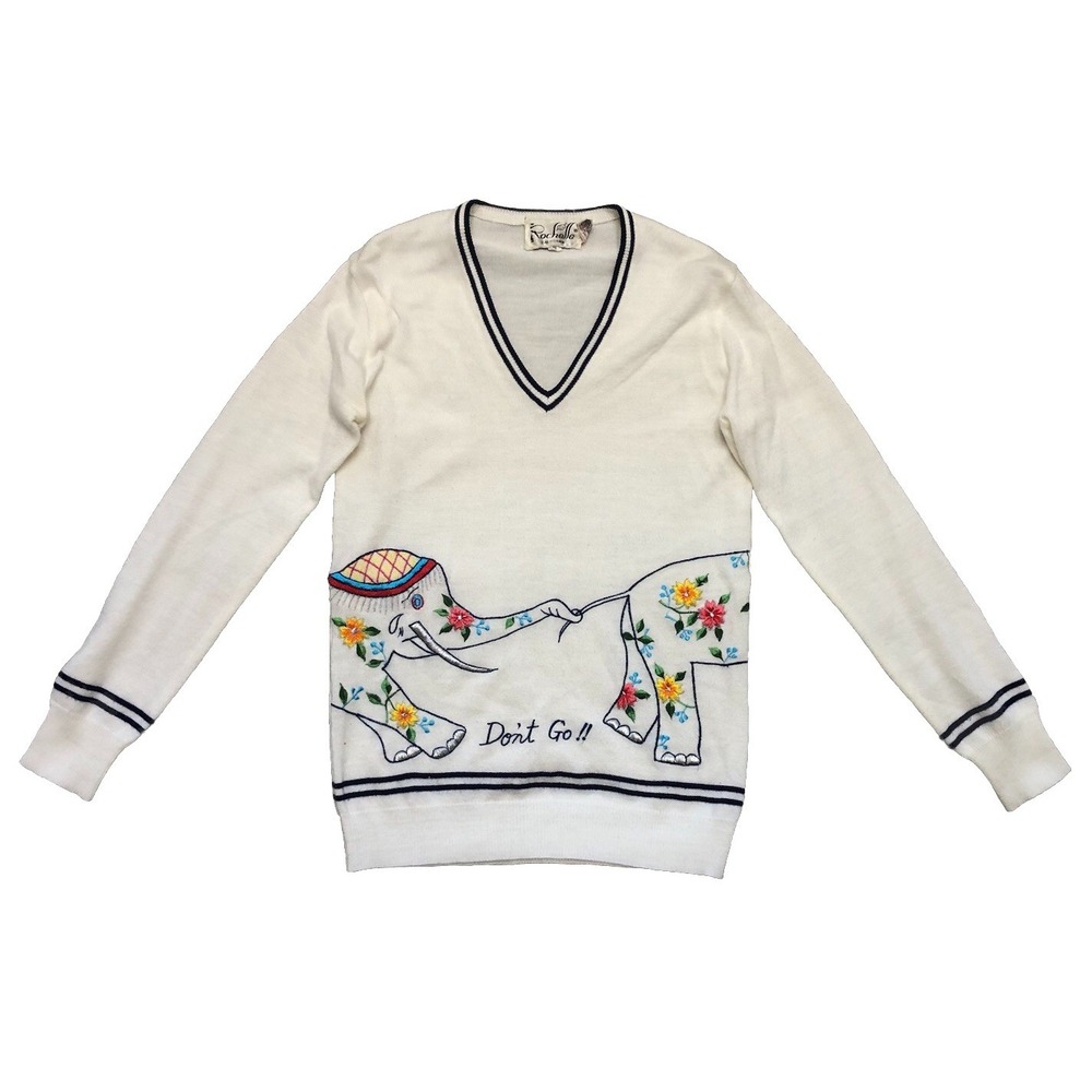 Rochelle California Sweater‎ Women's S White Embroidered Elephants Don't Go Vtg
